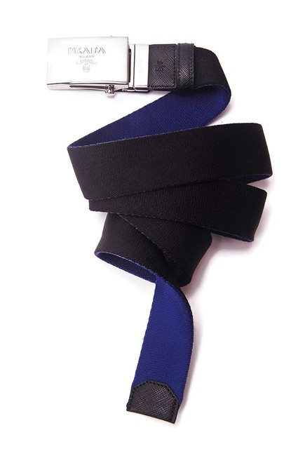 Prada100 BlackBlue Double Logo Buckle Sided Saffiano Fabric Belt