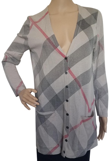 Burberry Beige Red Multicolor Nova Check Plaid Cashmere Cardigan12 L