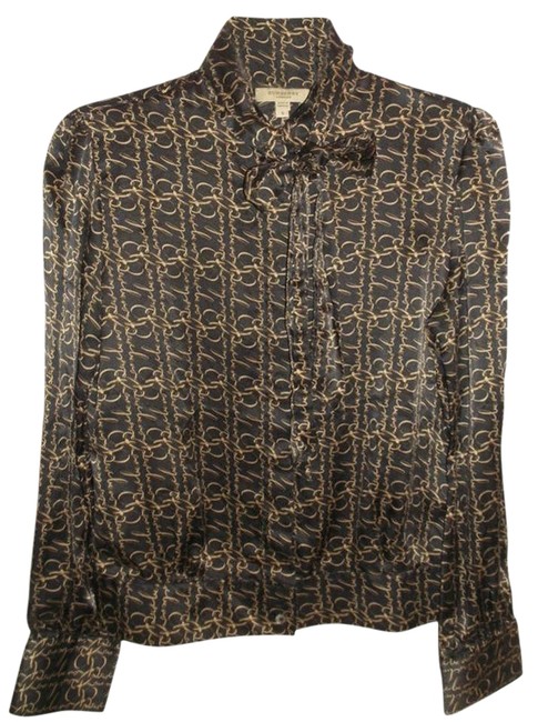 Burberry Black Gold Silk Pussy Bow Logo Print Blouse4 S
