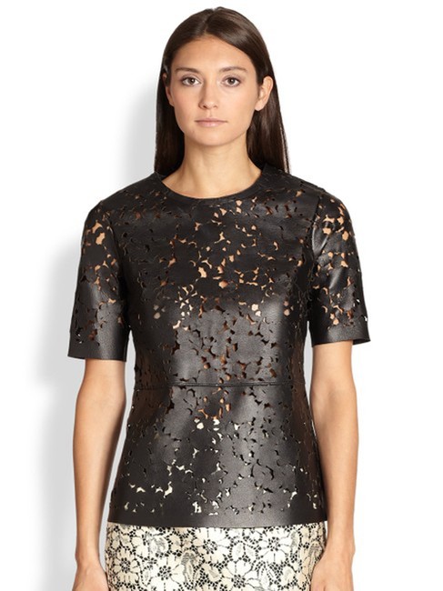 Burberry Black Laser Cut Leather Made In Italy Shirt Blouse8 M