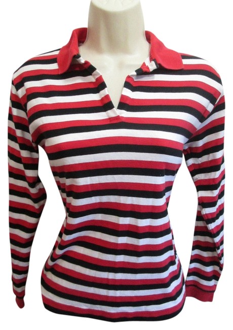 Burberry WhiteRed Golf Ladies CuteBlack Striped Polo Cotton Knit S Blouse4 S