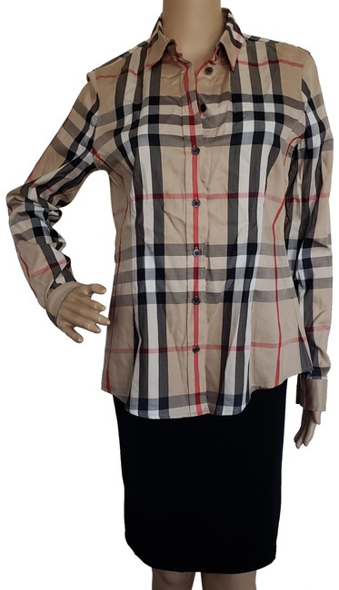 Burberry Brown Tan Black Multicolor Exploded Check Longsleeve Blouse8 M