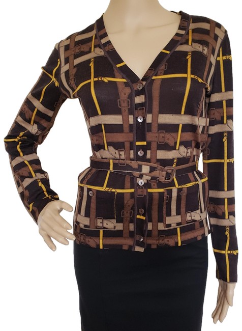 Burberry Brown Yellow London Belted Logo Print Cardigan4 S