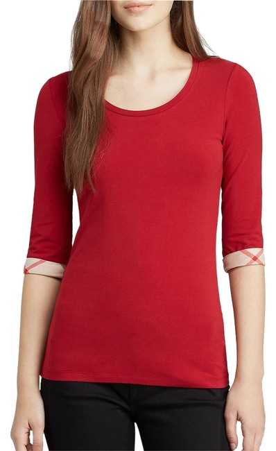 Burberry Burgundy New Scoop Neck Teewith Check Cuffs Blouse2 XS