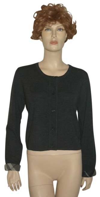 Burberry Womens Wool Check Cardigan Medium Charcoal Sweater