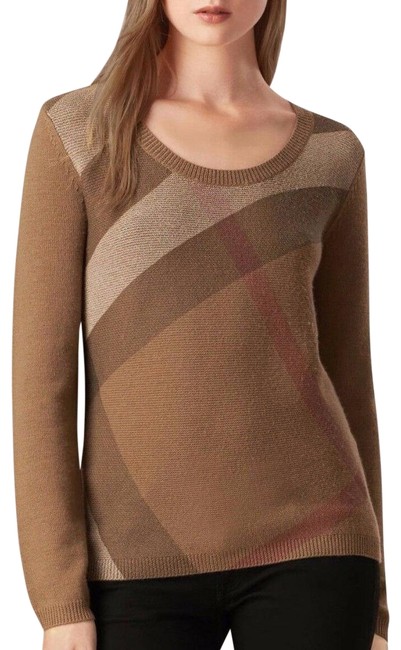 Burberry Check Front Wool Cashmere Dark Camel Sweater
