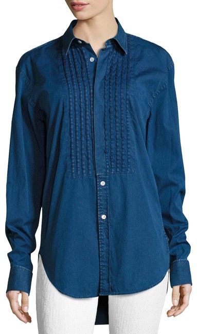 Burberry Denim Blue Jaden Pintuck Shirt Button down Top16 XL, Plus 0x