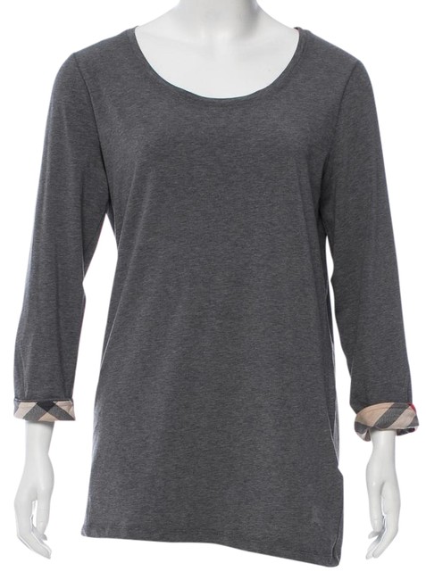 Burberry Grey Beige L Nova Check Print Trim Longsleeve Blouse12 L