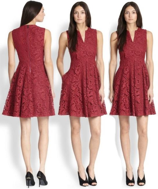 Burberry Oxblood Split Neckline Lace Above Knee Cocktail Dress4 S