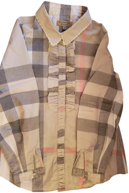Burberry Pale Taupe Ruffle Detail Check Button down Top6 S