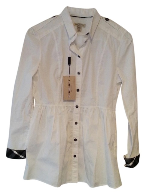 Burberry Peplum White Long Sleeve with Check Cuff Blouse6 S