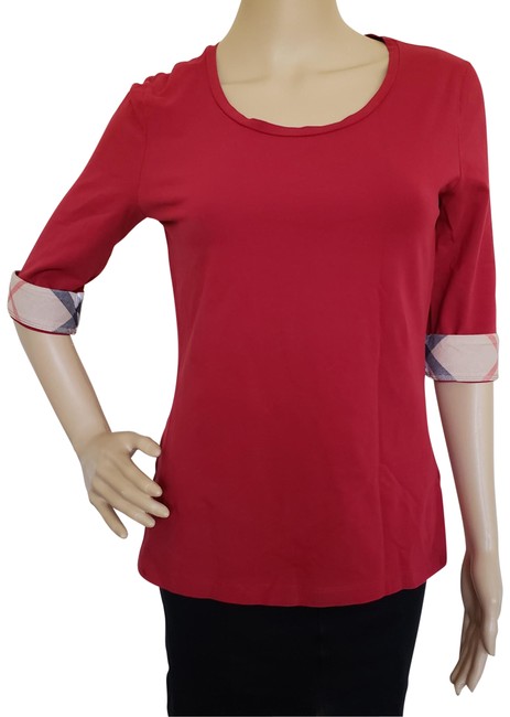 Burberry Red Beige London Nova Check Trim Knit Blouse8 M