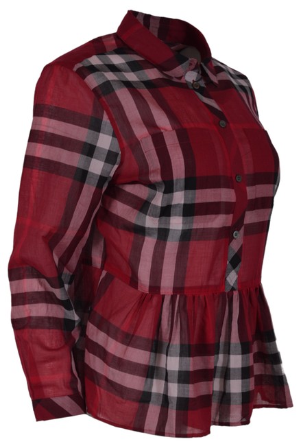 Burberry Red New Cotton Nova Check Peplum Ruffle Blouse12 L