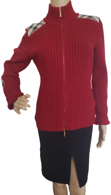 Burberry Red Nova Check Patchwork Knit Sweater Cardigan6 S