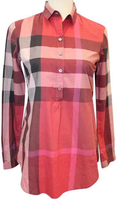 Burberry Red Plaid Half Button Tunic Blouse2 XS
