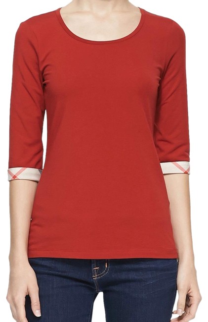 Burberry Red XS Womens Check Cuff Stretch Lacquer Tee Shirt2 XS
