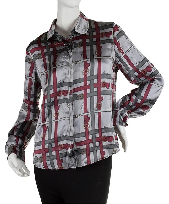 Burberry RedGrey Womens Silk Button Down Shirt 29536 Blouse10 M