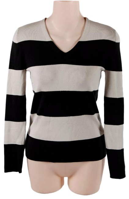 Burberry Silk Stripe V Neck Black + Tan Sweater