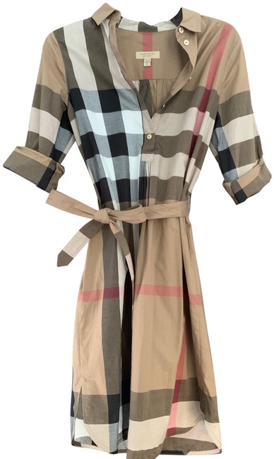 Burberry Tan Checker Tie waist Check Mid length Short Casual Dress2 XS