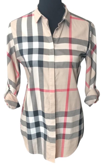 Burberry Tan Cream Black Red Bb Button down Top6 S