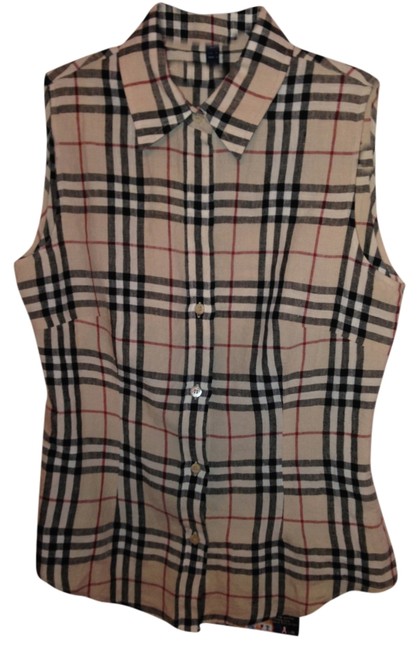 Burberry Tan Nova Plaid Sleeveless Linen Blouse6 S