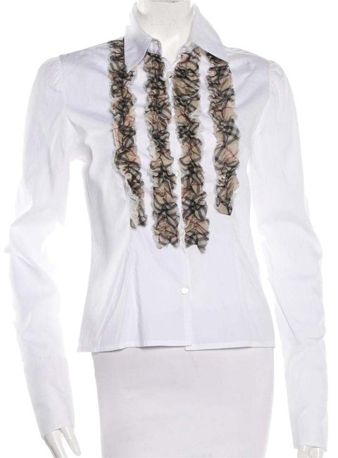 Burberry White Beige Nova Check Ruffle trimmed Cotton Blouse4 S