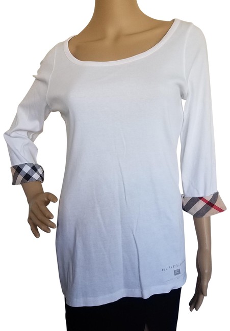 Burberry White Beige L Nova Check Trim 34 Sleeve Knit Blouse12 L