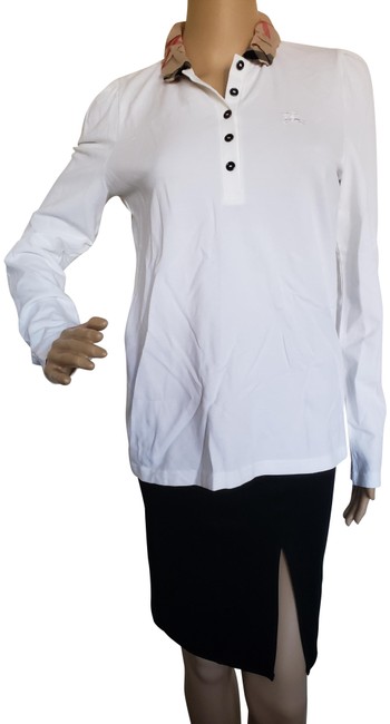 Burberry White Nova Check Trim Polo Longsleeve Blouse8 M
