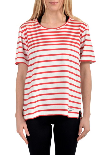 Burberry WhiteRed Womens Striped Short Sleeves T shirt Blouse8 M