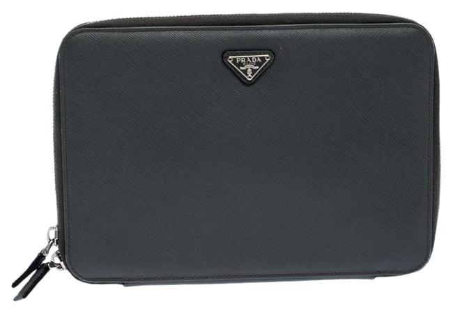 Prada Grey Portfolio Saffiano Leather Small Zip Around Wallet
