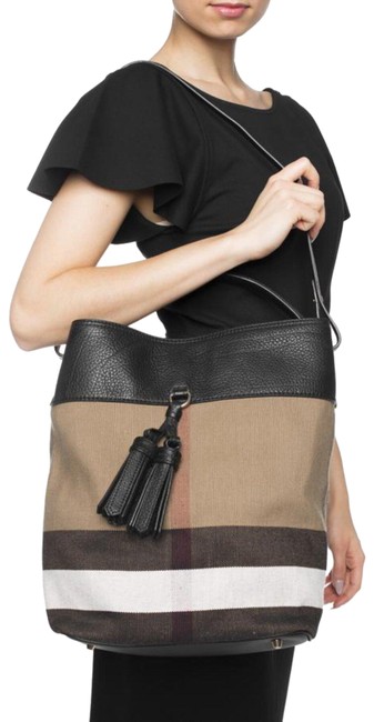 Burberry Ashby Medium BlackCheck CanvasCalfskin Hobo Bag