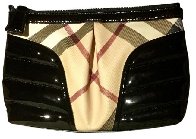 Burberry Black Beige Check Patent Leather Clutch