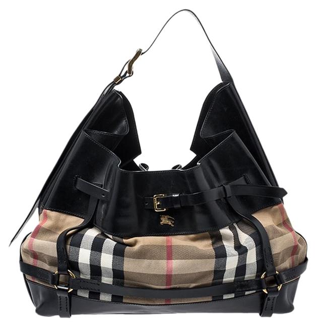 Burberry BlackBeige House Check Bridle Black Leather and Canvas Hobo Bag