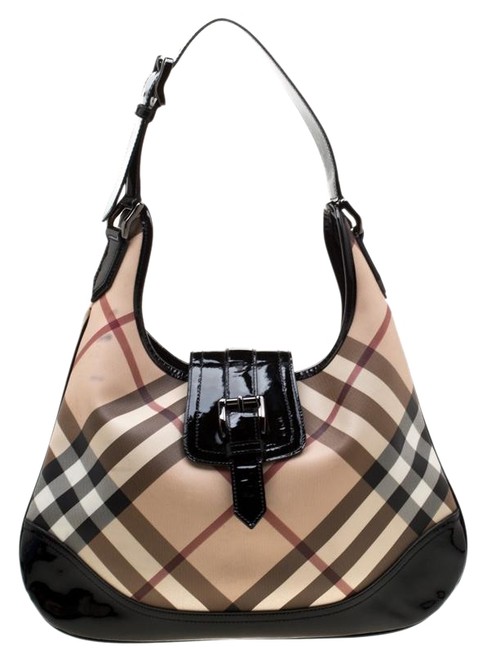 Burberry BlackBeige Nova Check Pvc and Brooke Black Patent Leather Hobo Bag