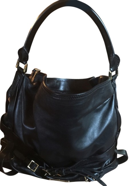Burberry Bridle Belted Handbag Black Lambskin Leather Hobo Bag