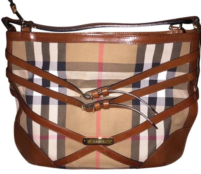 Burberry Bridle House Check Small Dutton Cognac LeatherCanvas Hobo Bag