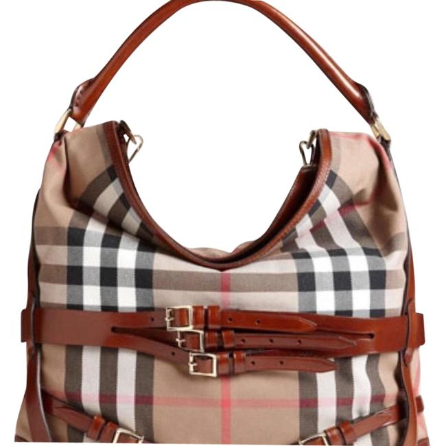 Burberry Bridle house Large Dark Tan Check Canvass Leather Hobo Bag