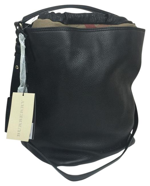 Burberry Brit Medium Susanna Grainy Canvas Check Black Leather Hobo Bag