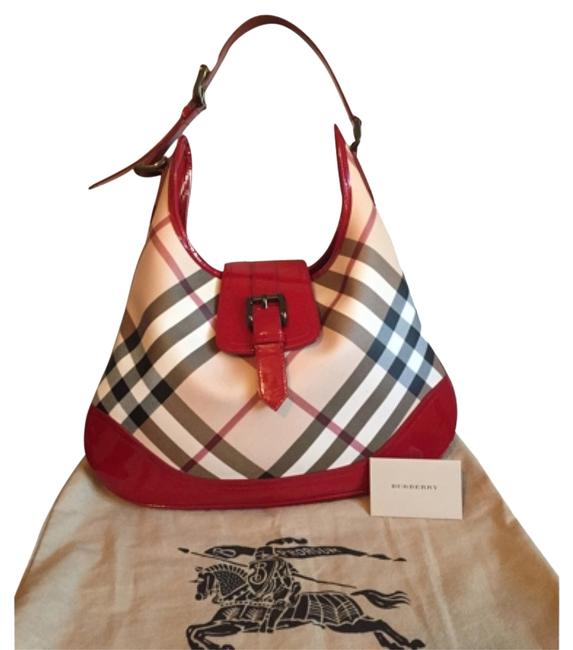 Burberry Brooke Nova Check Red Tan Black Pvc Leather Hobo Bag