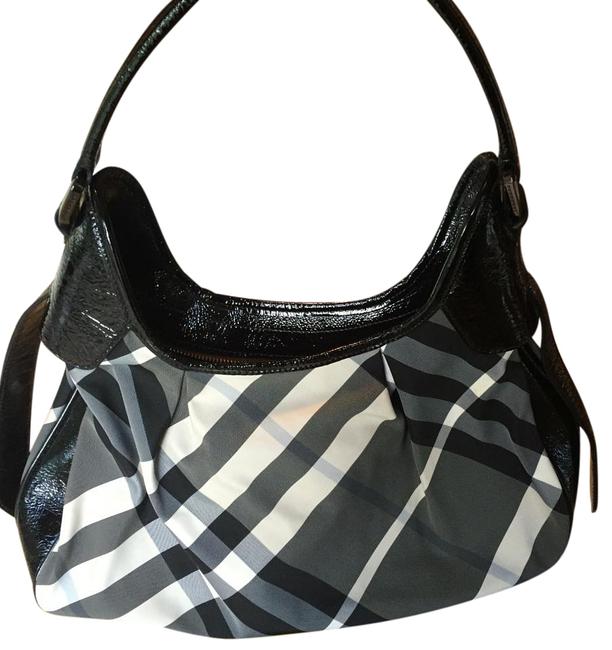 Burberry Brooklyn Sm BlackBeat Check NylonPatent Hobo Bag