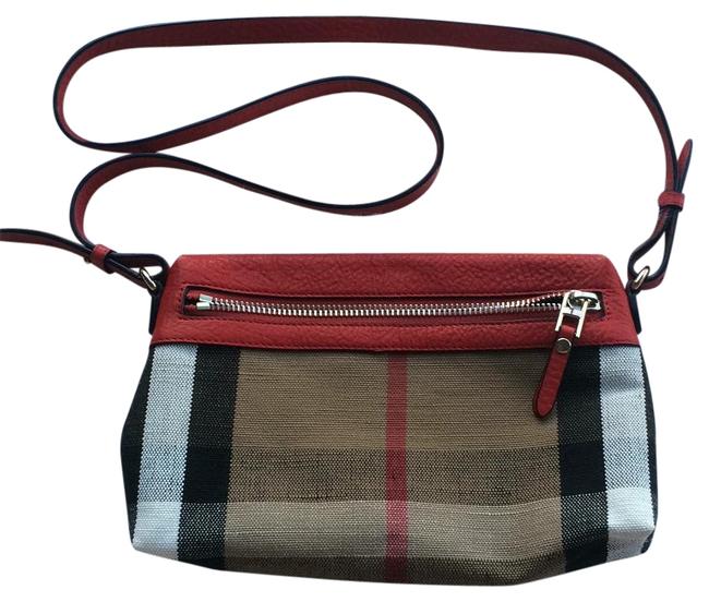 Burberry Brown Red Leather Canvas Cross Body Bag
