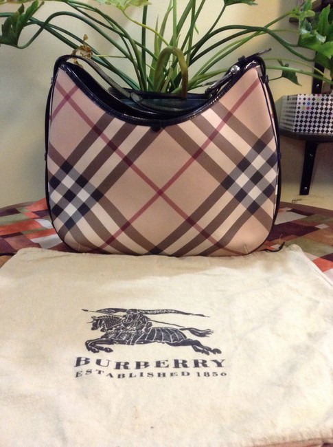 Burberry BrownBeigeBlack Leather TrimPleather Hobo Bag