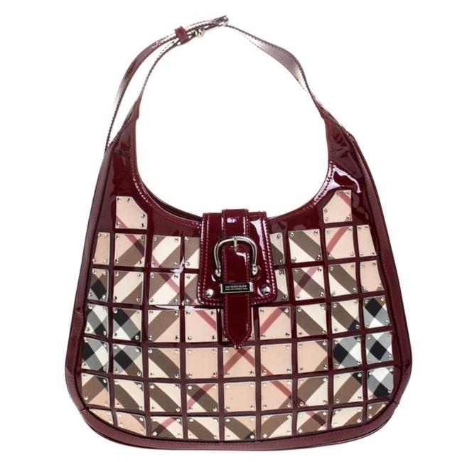 Burberry Burgundy Nova Check Warrior Brooke Red Patent Leather Hobo Bag