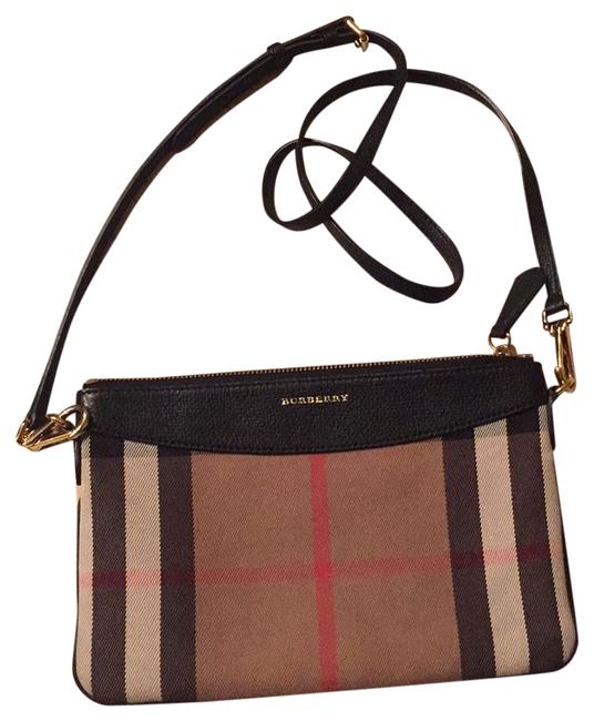 Burberry CheckBlack Leather Detail Tan Plaid Cross Body Bag