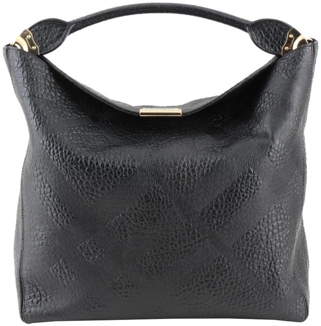 Burberry Check Embossed Lindburn Black Leather Hobo Bag