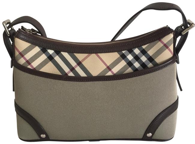 Burberry Check Gray Brown Canvas Leather Hobo Bag