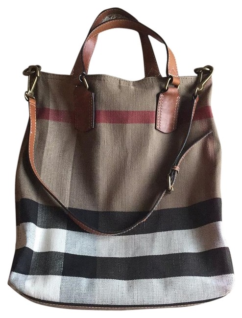Burberry Check Medium Tottenham Tote Saddle Brown CanvasLeather Hobo Bag