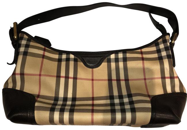 Burberry Classic Printed Check Beige Plaid with Black Canvas Hobo Bag