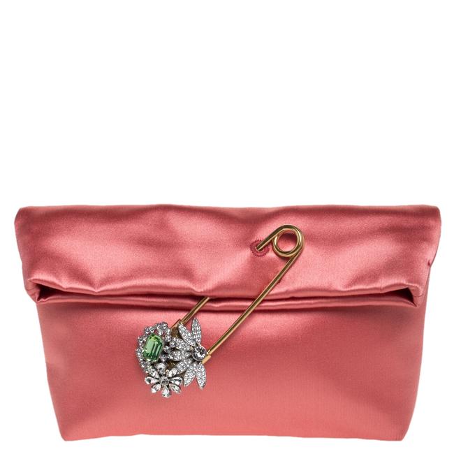 Burberry Coral Crystal Embellished Pin Orange Satin Clutch