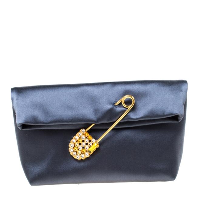 Burberry Crystal Embellished Pin Navy Blue Satin Clutch
